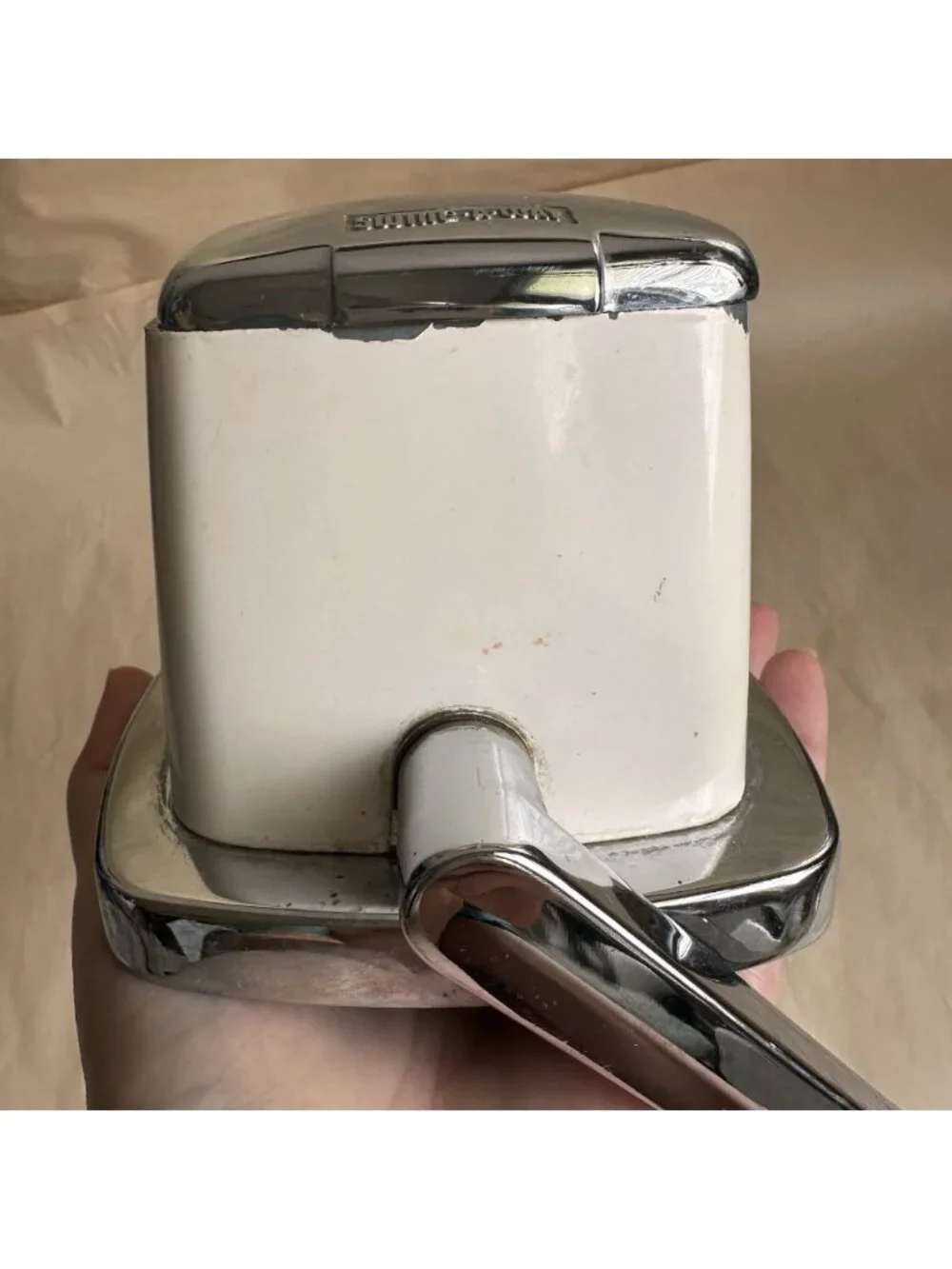 Vintage Counter Top Ice Crusher Hand Crank MCM Retro Kitchen Ivory Black Silver